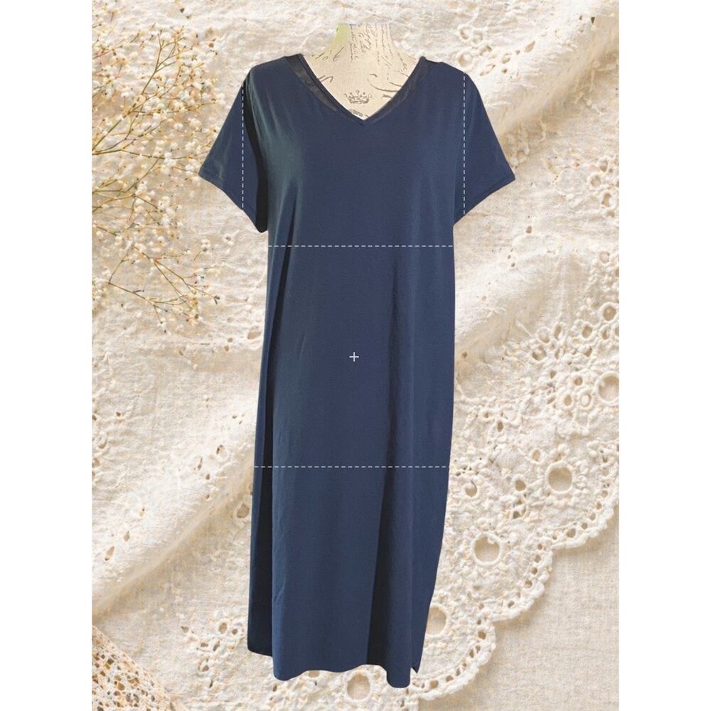 H by Halston Navy V-Neck Dress XL | Minimalist Pullover Midi with Mesh Trim - Picture 2 of 7